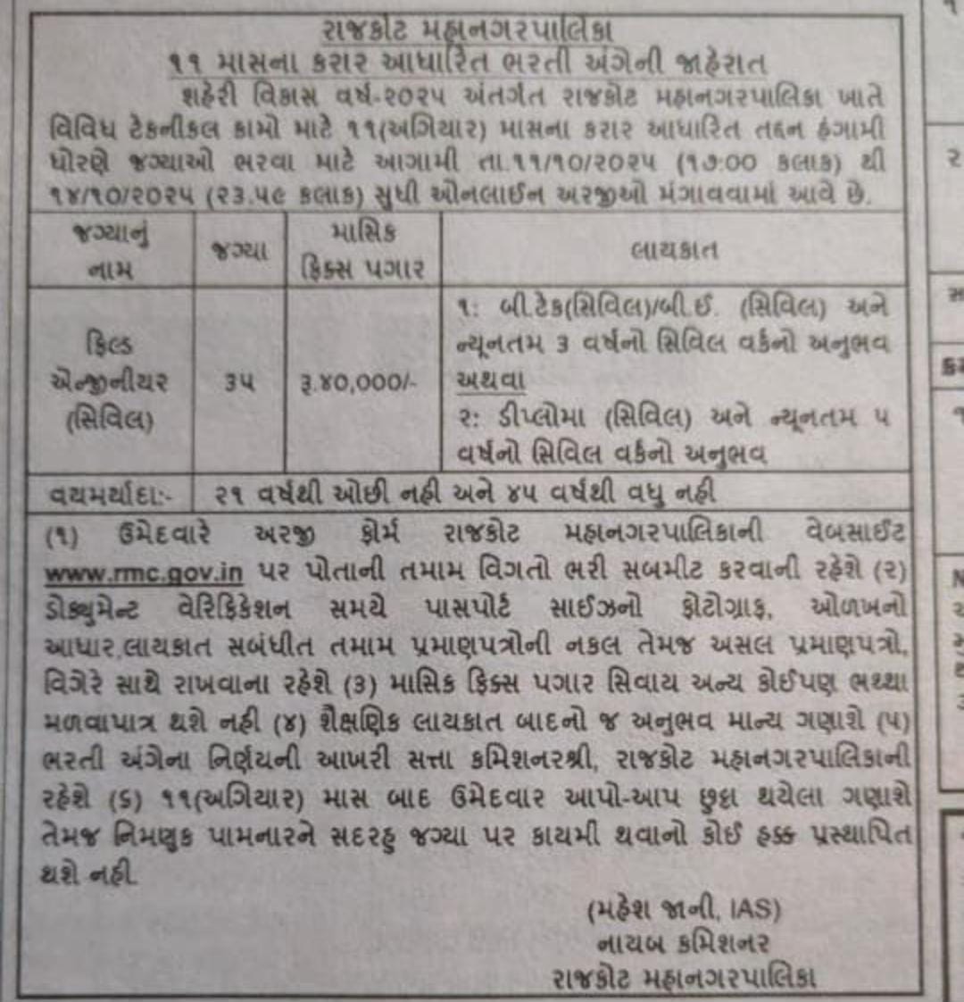 Field Engineer (Civil) in Rajkot Mahanagar Palika