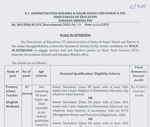 Primary School Teacher (English Medium) 7 post Walk in Interview.