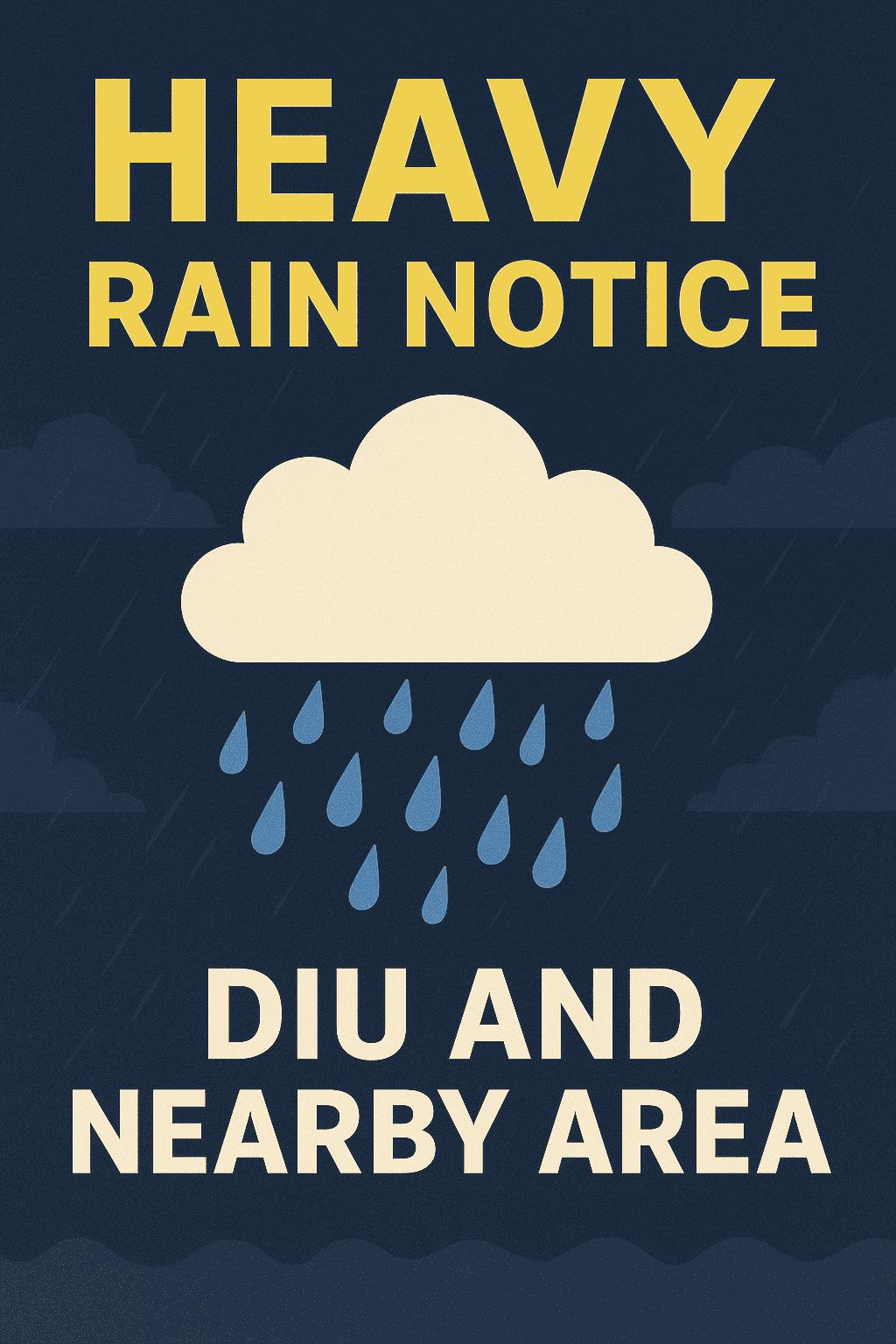 Heavy rain (> 15 mm/hr) accompanied with Light Thunderstorms with maximum surface wind speed less than 40 kmph (In gusts) is very likely to occur at isolated places over Diu district in next 3 hours.