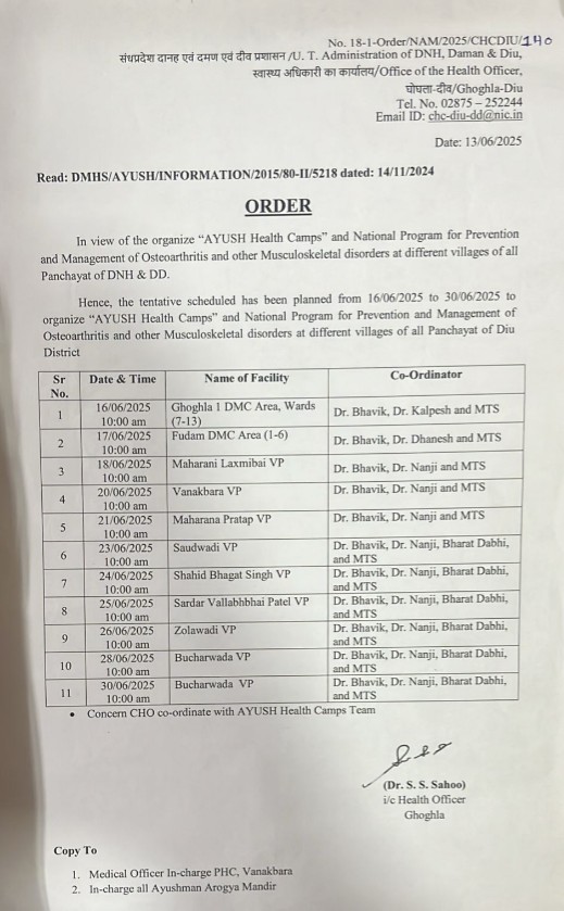 AYUSH Health Camp in Diu from 16/06/2025 to 30/06/2025.