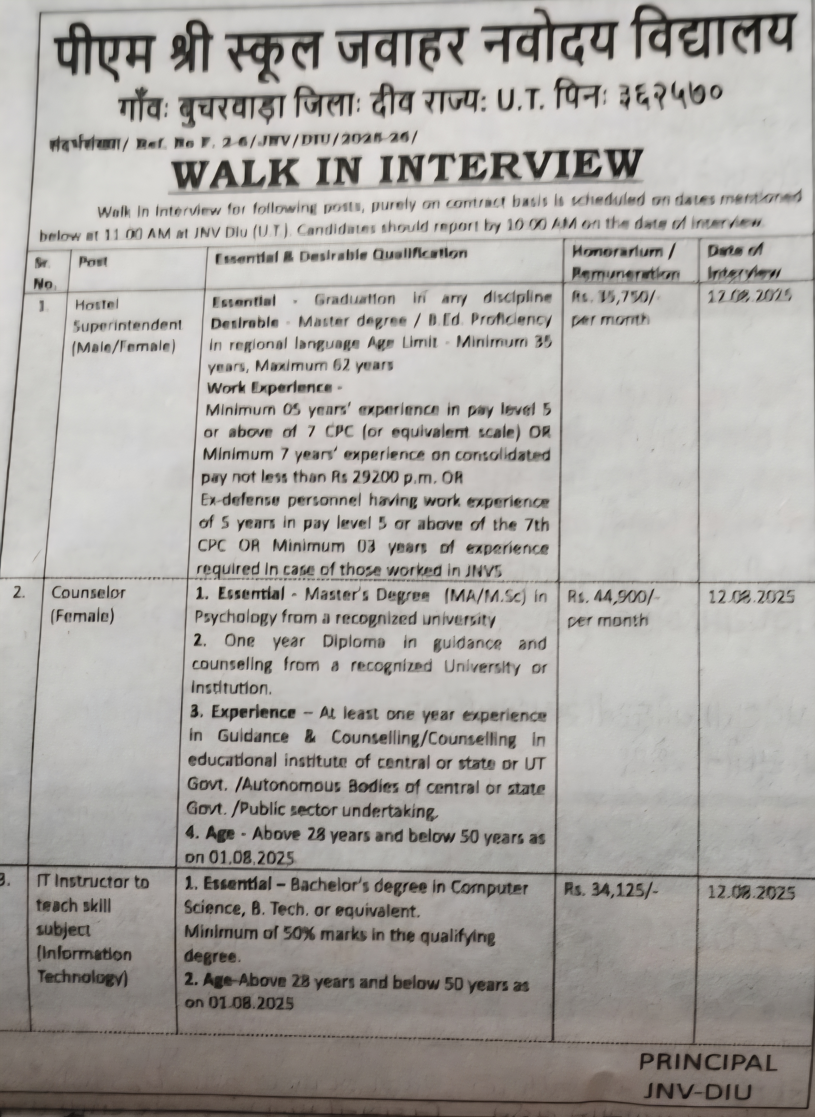 3 post at JNV Diu. Interview dt 12.8.2025