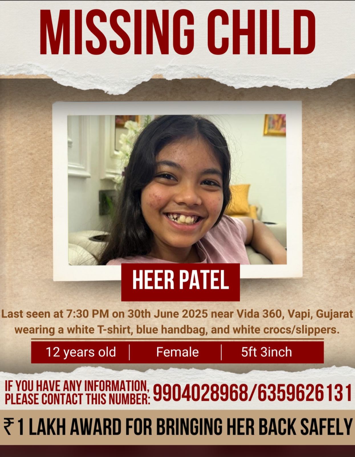 Heer Patel  12 year old girl lost from Vapi.
