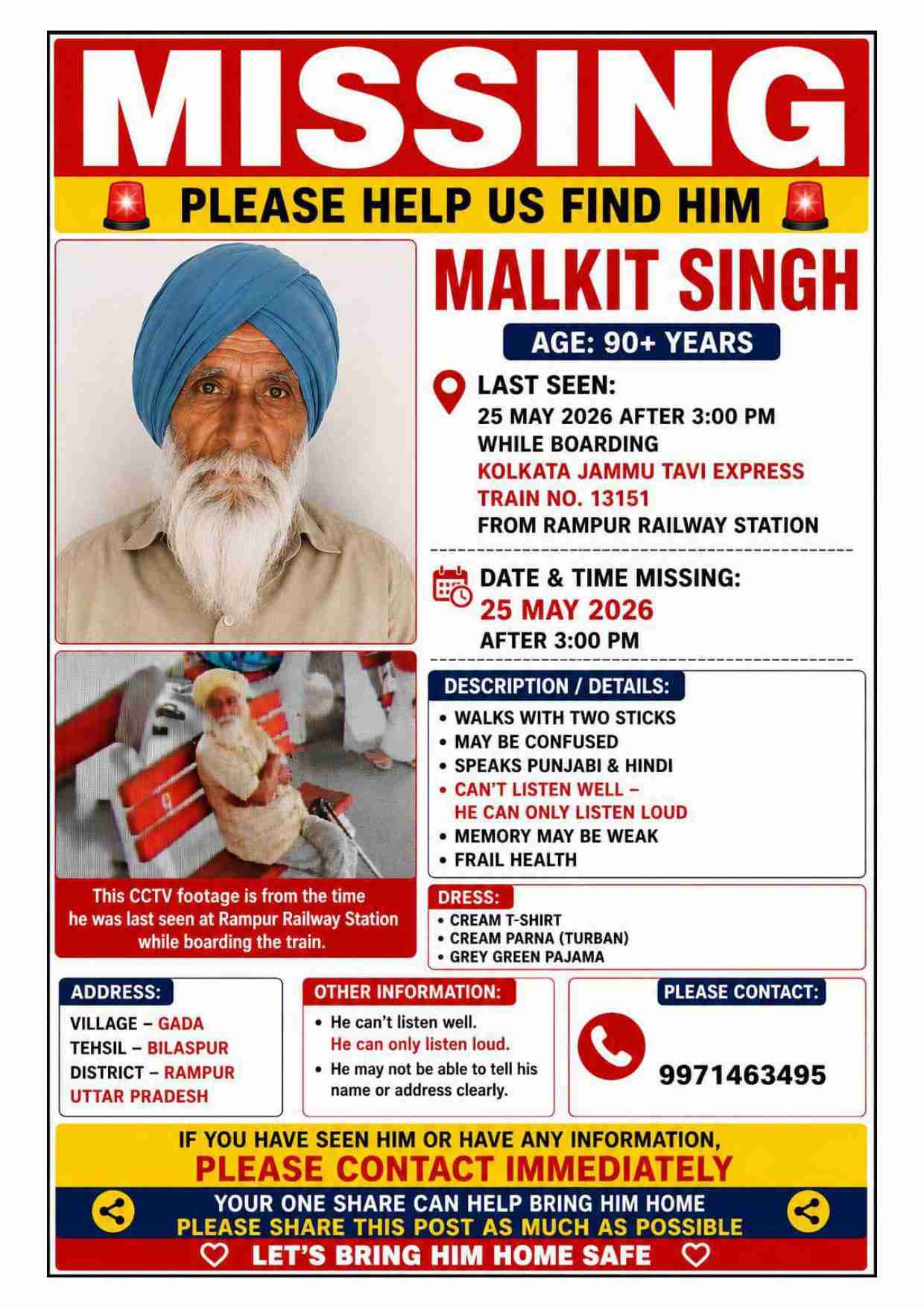 Missing elderely man Sardar Malkeet singh