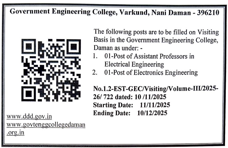 Posts of Assistant Professor to be filled in the Government Engineering College, Daman on a visiting basis.